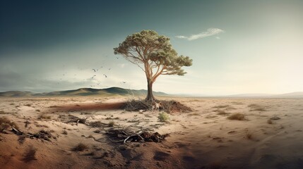 Single tree on drought desert ground. Impact of deforestation. Global warming ecological problem. Outdoor illustration with copy space.