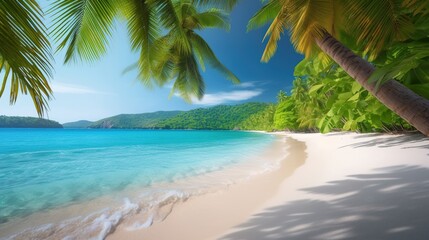 Beautiful and peaceful sea sandy coast, sunny summer beach panoramic scene with palm trees, outdoor background. Vacation time. Horizontal pc splash screen.