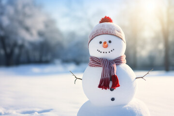 Obraz premium Snowman in Christmas holiday season with blurred background.