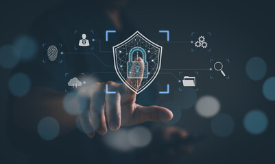 Cyber ​​security concepts Internet network security technology, user taps padlock icon on the virtual screen with finger Show protection of personal information For safety in digital technology