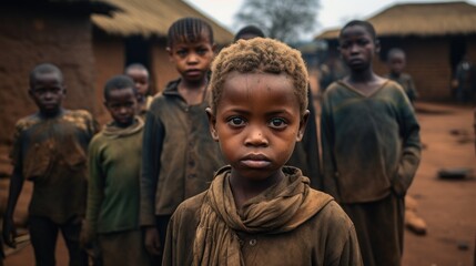 Dirty kids standing in poor African village