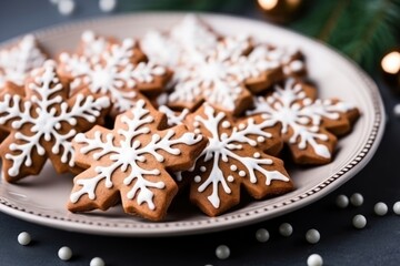 Fototapeta premium Christmas homemade gingerbread glazed cookies with white icing on table. Happy New Year. Close up.