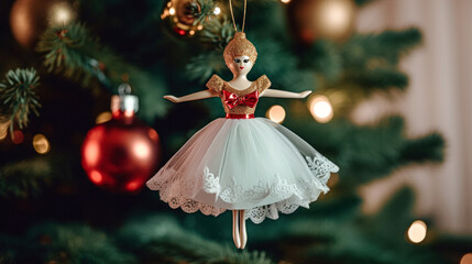 Christmas tree ornament shaped like a ballerina hanging on the Christmas tree.