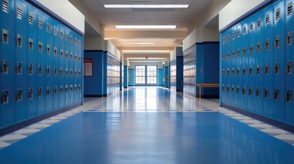 Empty school hallway with royal blue metal lockers along both sides of the hallway - obrazy, fototapety, plakaty