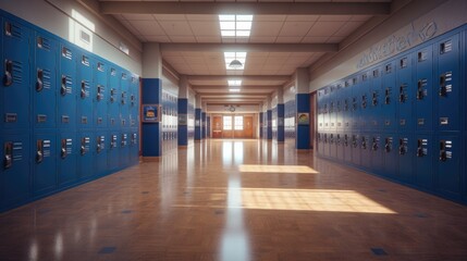 Empty school hallway with royal blue metal lockers along both sides of the hallway