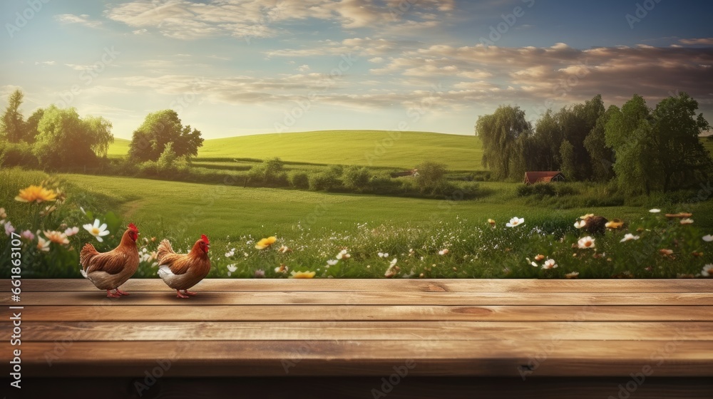 Wall mural empty wooden table top with meadow farm and chicken