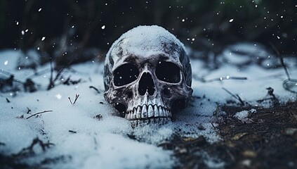 A skull buried in the snow. Great for stories on crime, history, archaeology, rituals, shamanism, mysteries and more. - obrazy, fototapety, plakaty