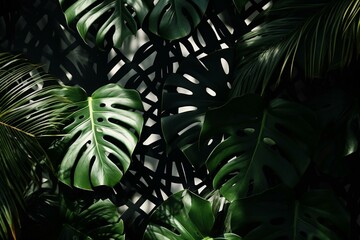 Background: shadows of tropical monstera and palm leaves. Generative AI
