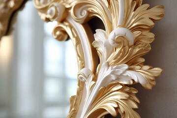 Ornate carved mirror with white paint and gold background. Generative AI