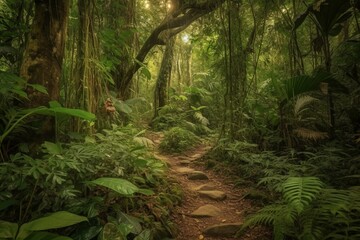 Enigmatic dense rainforest full of unusual foliage. Background: a stunning trail through the untamed forest. A lush tropical Eden. Generative AI - obrazy, fototapety, plakaty
