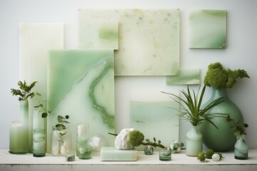Mint and olivine shades blend harmoniously in a mesmerizing, ethereal arrangement of scale, stone, space, and beautiful abstractions. Generative AI