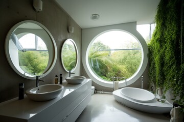 Modern, futuristic bathroom with spacious circular windows, enveloped by lush greenery. Generative AI