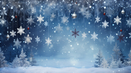 Original bright wide format background image with Christmas tree decorations, gifts and snowflakes