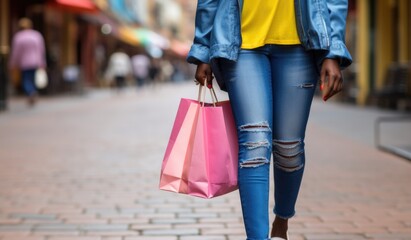 person with shopping bags, african american woman with shopping bags on black friday.