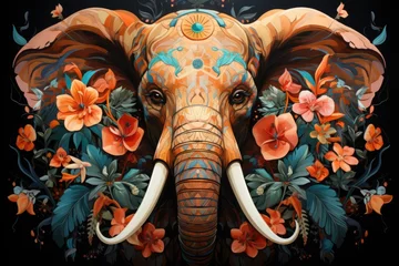Rolgordijnen Olifant A painting of an elephant surrounded by flowers. AI image.