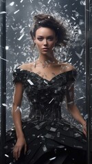 Obraz na płótnie Canvas beautiful young woman in an evening dress among shards of glass.concept of emotional illustration of broken feelings 