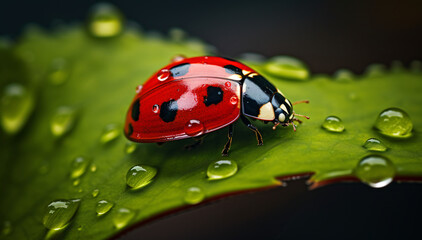 Fototapeta premium ladybug on a blade of grass with water droplets