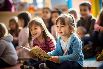 kids reading book in a kindergarten school