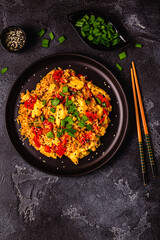 Korean style instant noodle, Shin Ramyeon with tomatoes and scrambled eggs.