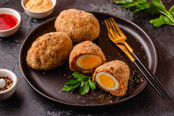 Traditional Scotch Eggs on a black plate.