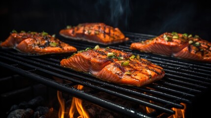 Fresh salmon fillets being cooked on a grill