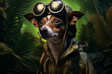 A rat terrier wearing an outfit resembling a jungle explorer in a digital artwork. Generative AI - obrazy, fototapety, plakaty