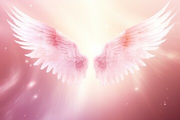 Radiant angel wings on a pink bokeh background, with ample white space. Generative AI - obrazy, fototapety, plakaty