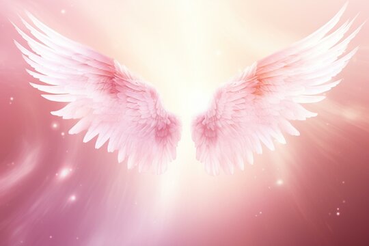 Radiant angel wings on a pink bokeh background, with ample white space. Generative AI