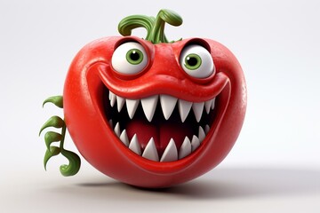 A 3D character of a monstrous tomato against a white background. Generative AI