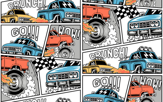 Monster trucks comic style vector seamless pattern. For apparel prints and other uses. © cddesign.co
