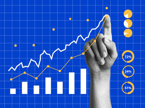 Minimalist collage with hands. Finance-themed banner. Digital finance business data graph showing technology of investment strategy for perceptive financial business decision