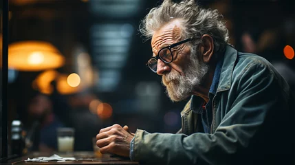 Fotobehang lonely gray-haired and sad old man sitting in a bar on a blurred background. loneliness concept © Margo_Alexa