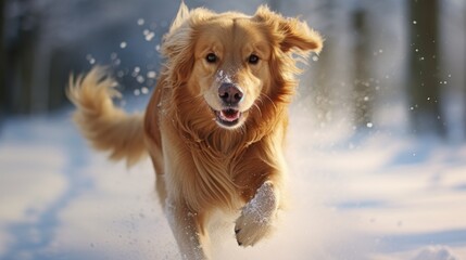 Golden retriver running in snow at winter