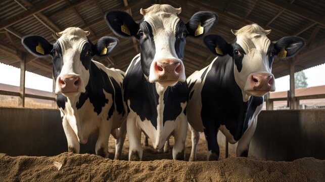Group of cows standing inside a pen in a barn