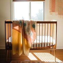 A baby's crib in a sunlit nursery. Great for stories on family, babies, childbirth, nursery, décor and more.  - obrazy, fototapety, plakaty