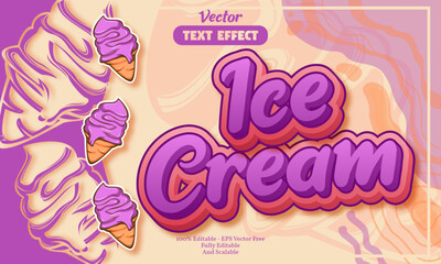 Ice cream editable text effect with seamless purple ice cream hand drawn pattern