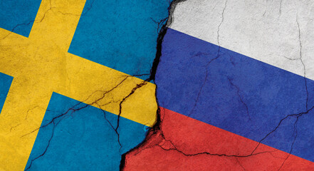 Sweden and Russia flags, concrete wall texture with cracks, grunge background, military conflict concept