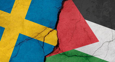 Sweden and Palestine flags, concrete wall texture with cracks, grunge background, military conflict concept