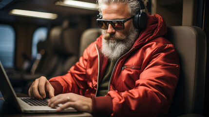 Santa Claus in modern clothes in a red jacket flies in business class and works on the computer....