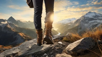 Selbstklebende Fototapeten Hiking boots view of male hiker in the sunset © Fly Frames