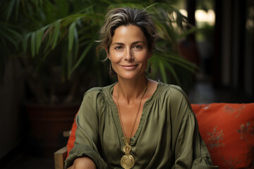 portrait of a beautiful confident woman with blond hair, 40-50 years old, in the courtyard of her house