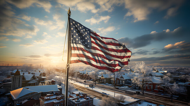 An American flag flying in a small town in winter
