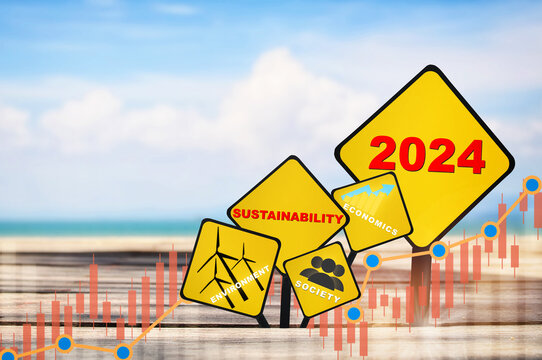New year 2024 written on yellow sign with growth graph. Renewable clean energy investment for sustainability concept and alternative energy idea