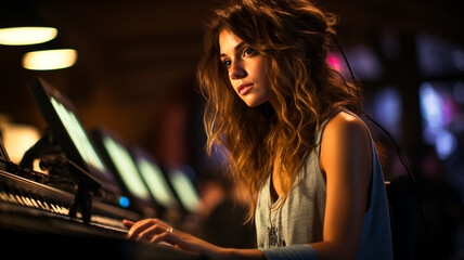 portrait of a young girl working in a computer studio