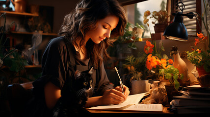 beautiful young woman in the autumn interior with cat