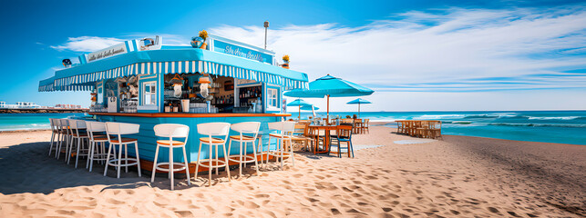 A beach bar near the sea water in Spain - obrazy, fototapety, plakaty