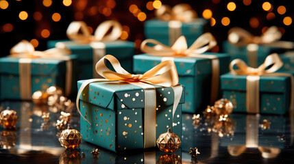 Illustration of festive gift boxes decorated with multicolored silk ribbons, surrounded by stylish Christmas decorations, stars, snowflakes on a soft background. Generative AI