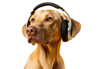 dog listening to music from earphones, transparent background