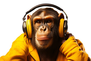 monkey listening to music from earphones, transparent background - obrazy, fototapety, plakaty