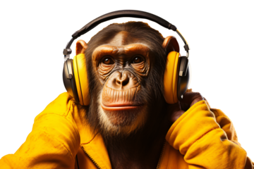 monkey listening to music from earphones, transparent background